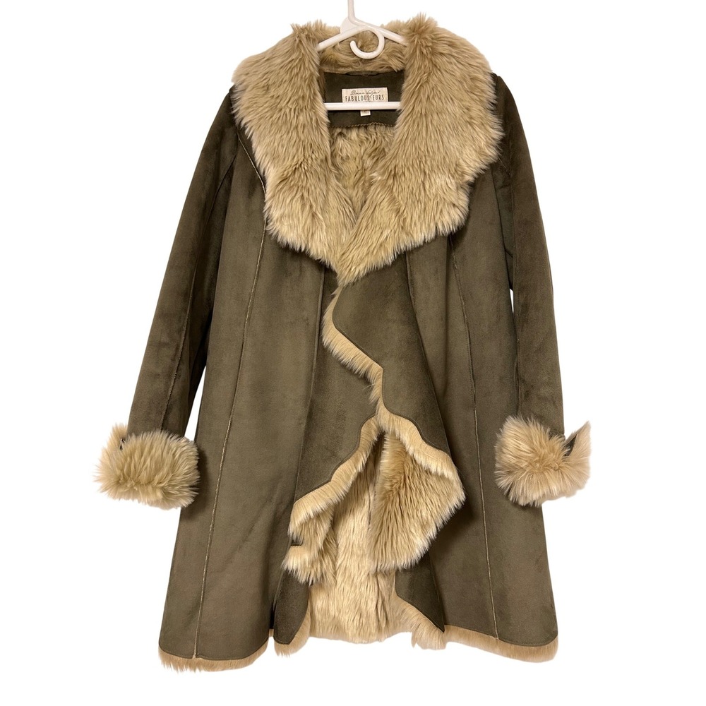 Donna Salyers Fabulous Furs Olive Green Faux Suede Shearling Wrap Coat XS 14447E